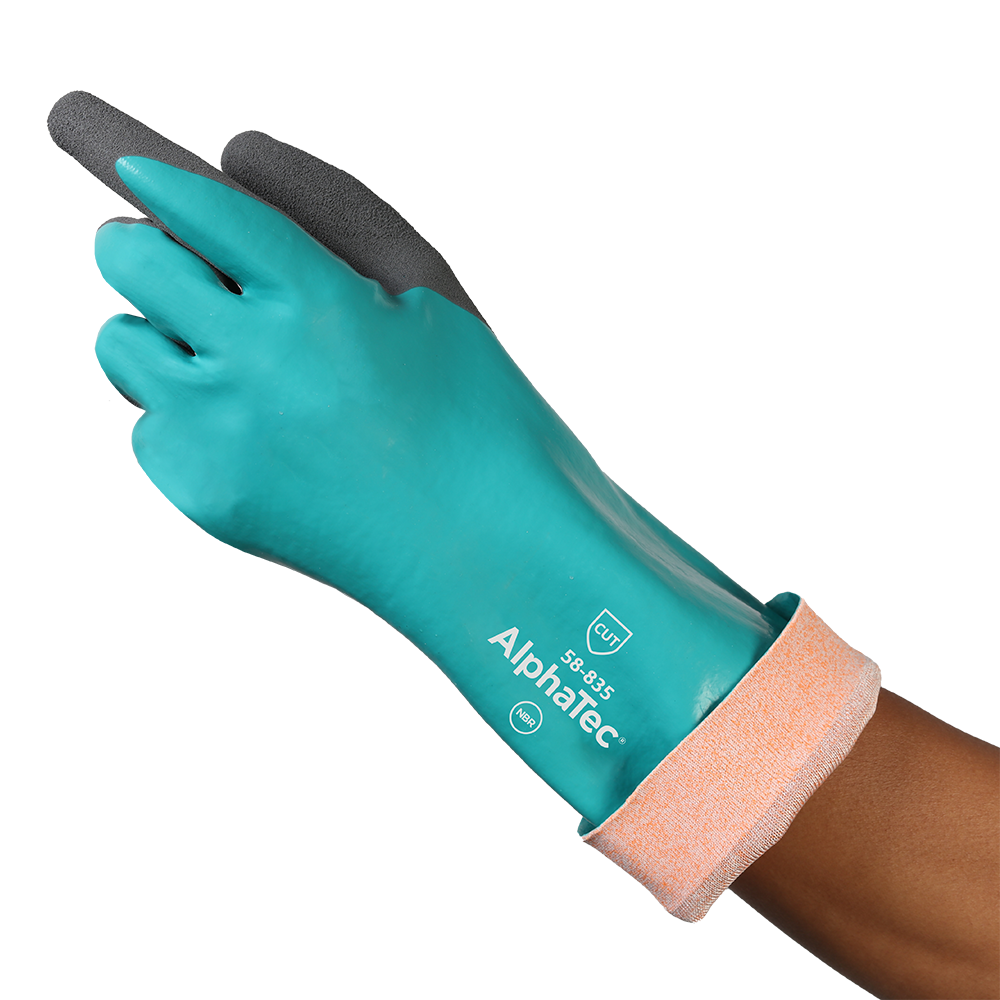 angled shot showing inner wrist and cuff lining Ansell AlphaTec 58-835 chemical and cut resistant glove showing orange knit inner lining and NBR coating, back of hand view